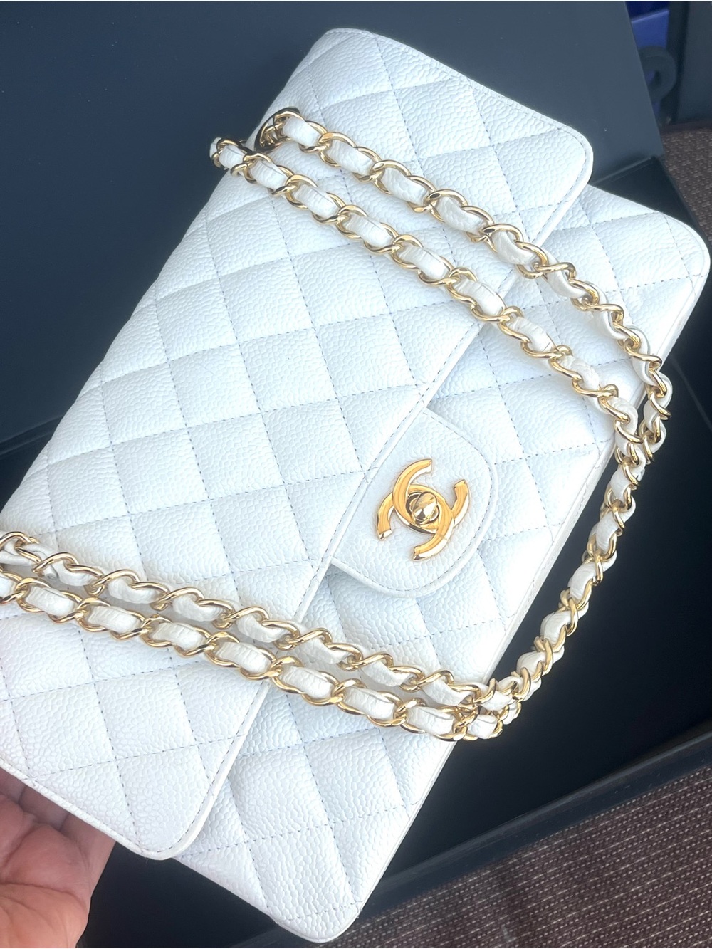 Chanel Classic White Caviar Double Flap Medium Size GHW